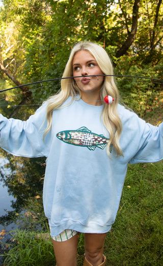 friday + saturday: patchwork trout sweatshirt