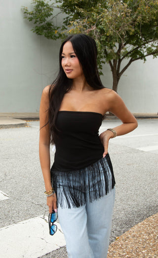 flutter fringe tube top - black