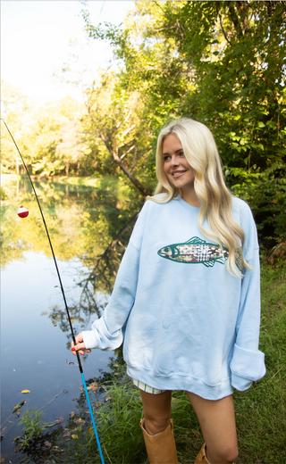 friday + saturday: patchwork trout sweatshirt
