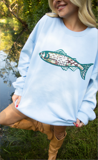 friday + saturday: patchwork trout sweatshirt